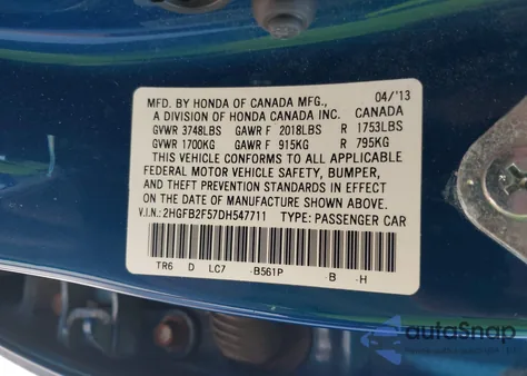 2013 Honda Civic Lx z USA, uszkodzony, nr VIN 2HGFB2F57DH547711